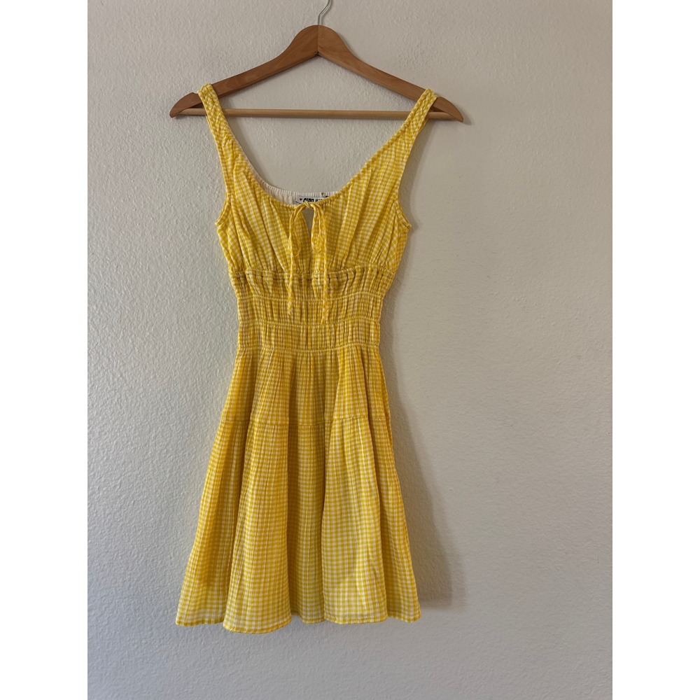 Ciao Lucia Gingham Smocked Tie Front Mini Dress XXS Yellow White Excellent